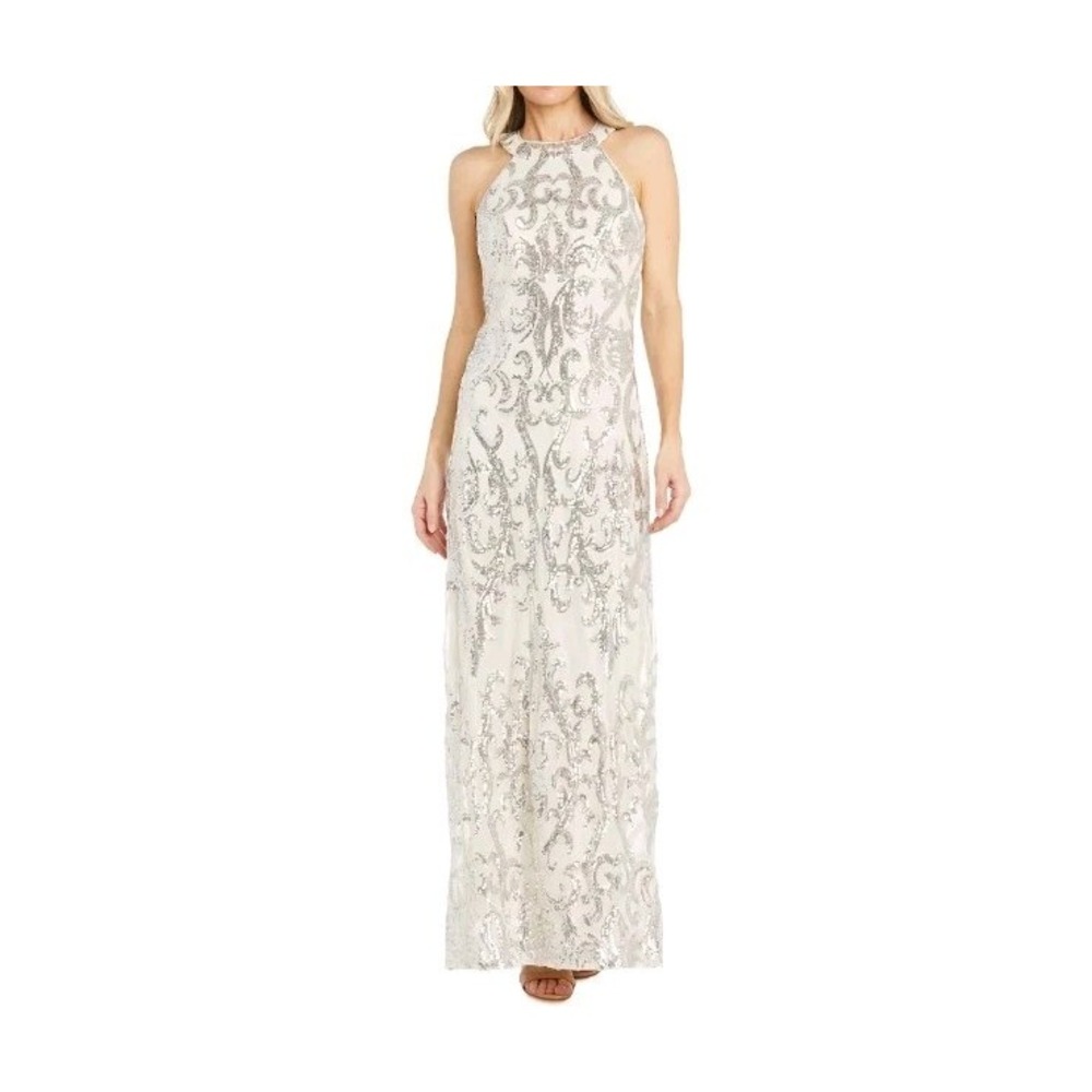 R & M Richards Women's Halter Neck Sequin Floor-length Formal Gown